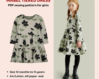 Mabel long sleeve tiered dress - PDF sewing pattern for kids | Digital sewing pattern for girls | Easy dress sewing pattern | Tiana's Closet