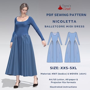 May include: PDF sewing pattern for a balletcore midi dress called Nicoletta. The pattern includes instructions and is available in sizes XXS-5XL. The dress is made with knit fabric for the bodice and woven fabric for the skirt.