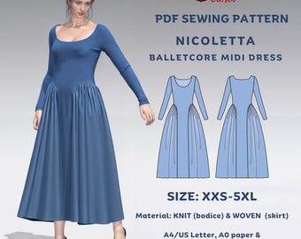 Nicoletta Balletcore Midi Dress Sewing Pattern: Knit Bodice, Woven Skirt, Sizes XXS-5XL, Layered PDF, Instant Download