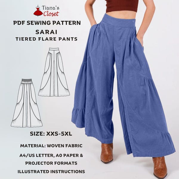 Sarai Palazzo Pants PDF Sewing Pattern: Boho Style, Dramatic Wide Legs, Structured Tier, Print at Home or Copy Shop & Projector Formats