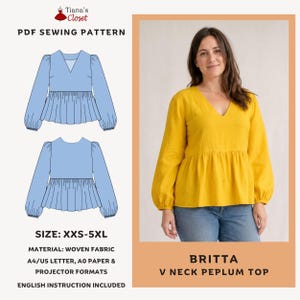 Britta Peplum Blouse Sewing Pattern: V-Neck Long Sleeve (PDF Pattern)