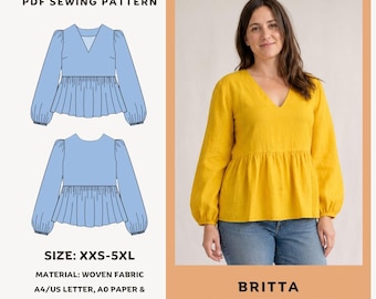 Pode incluir: Um molde de costura em PDF para um top peplum Britta com decote em V, apresentando desenhos técnicos azuis da frente e das costas, e uma foto de um top peplum amarelo mostarda de manga comprida. Inclui intervalo de tamanhos XXS-5XL.