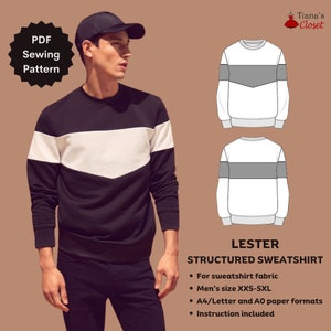 May include: A black, white, and gray color block sweatshirt. The image includes a PDF sewing pattern for the "Lester Structured Sweatshirt" with size options from XXS to 5XL. The pattern is designed for sweatshirt fabric and includes instructions.