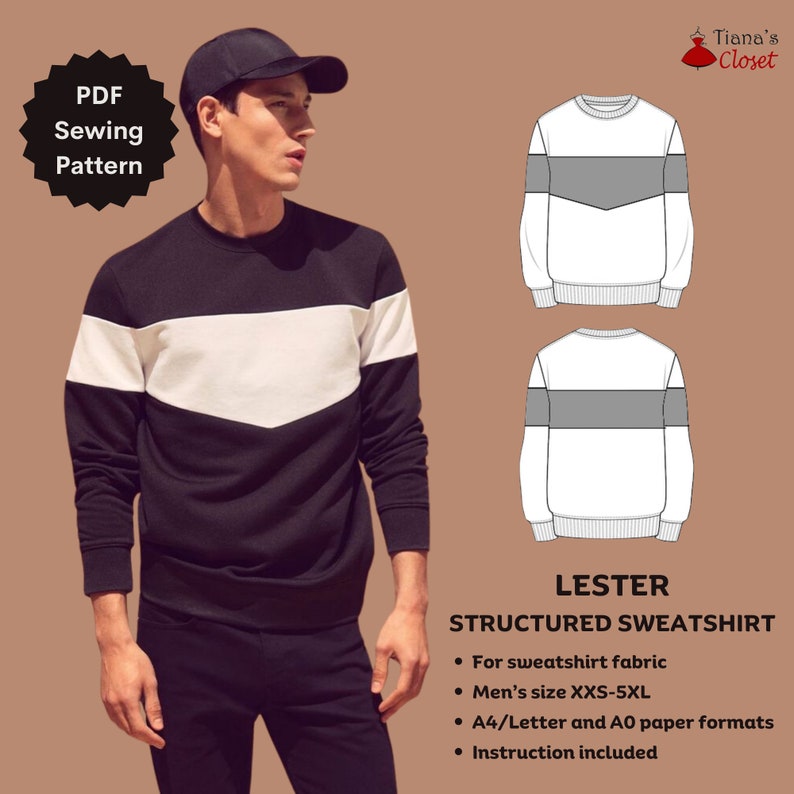 May include: A black, white, and gray color block sweatshirt. The image includes a PDF sewing pattern for the "Lester Structured Sweatshirt" with size options from XXS to 5XL. The pattern is designed for sweatshirt fabric and includes instructions.