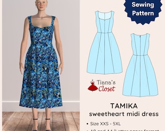 Molde de costura para vestido midi Tamika Sweetheart: tamanhos XXS-5XL, download instantâneo, PDF em camadas