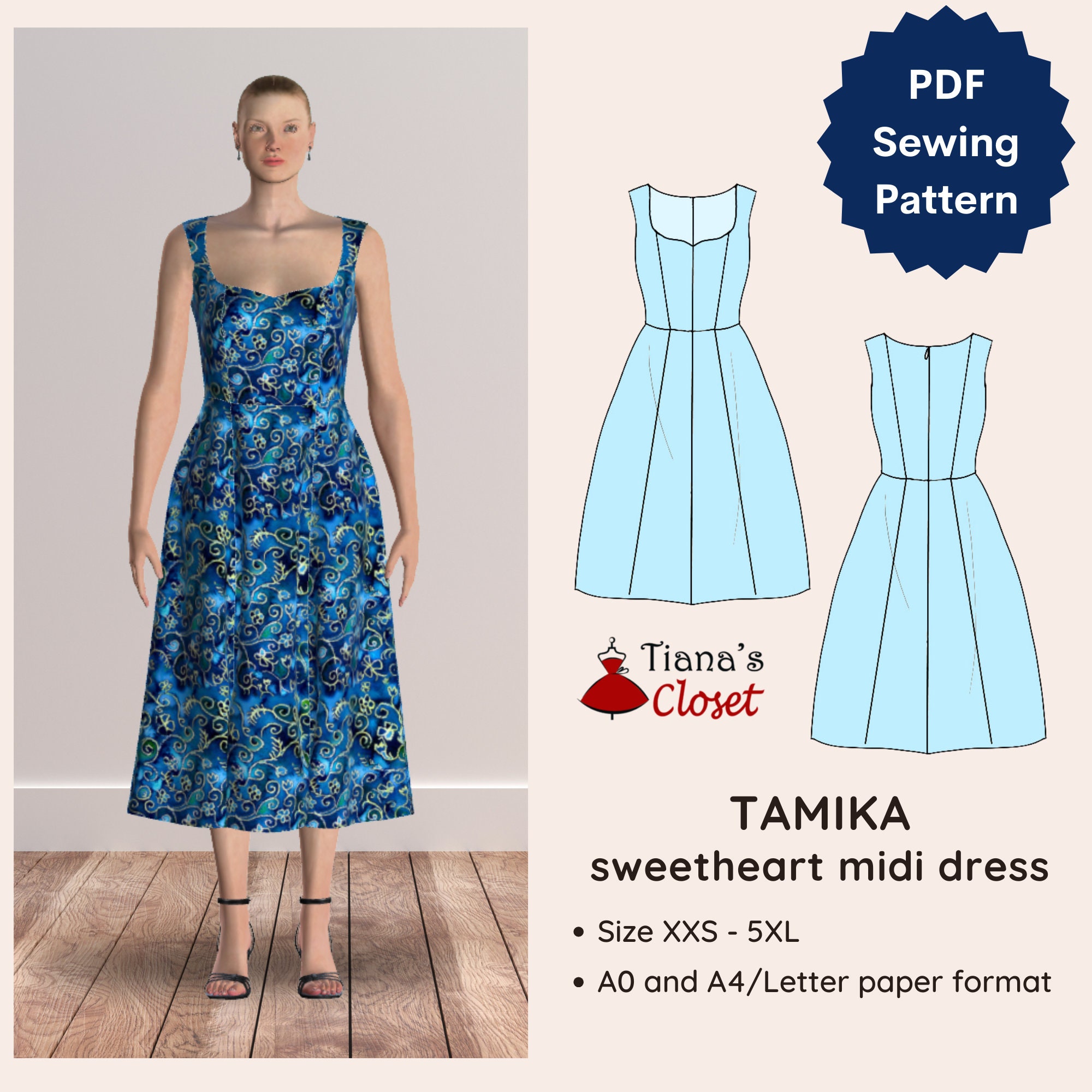 Tamika Sweetheart Midi Dress Sewing Pattern: Sizes XXS-5XL