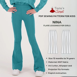 Nina Flare Leggings PDF  Sewing Pattern For Kids: High Waist Knit Pants, Size 12 Months to 14 Years, Print At Home, Copy Shop, Projector