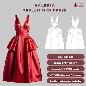 Valeria Peplum Midi Dress Sewing Pattern: Sleeveless, V neck, Peplum, Instant Download PDF Pattern
