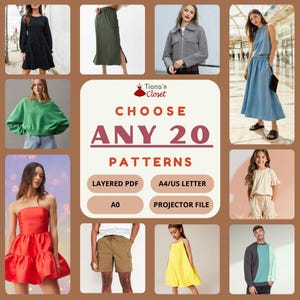 Könnte beinhalten: Eine Collage aus Bildern, die verschiedene Kleidungsmuster zeigen. Der Text "Tiana's Closet" und "Choose Any 20 Patterns" wird in der Mitte der Collage angezeigt. Der Text "Layered PDF", "A4/US Letter", "A0" und "Projector File" wird in Kästchen unter dem Haupttext angezeigt.