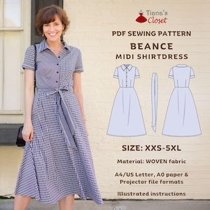 May include: A woman in a midi shirt dress with a gingham skirt and a solid top, tied at the waist. The image displays a sewing pattern for the Beance Midi Shirtdress, sizes XXS-5XL, with illustrated instructions. The dress is made for woven fabric.