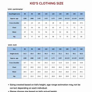 May include: Size chart for kids' clothing with measurements in centimeters and inches. The chart shows the approximate age, height, cross shoulder, chest, waist, and hip measurements for sizes 80 cm to 160 cm.