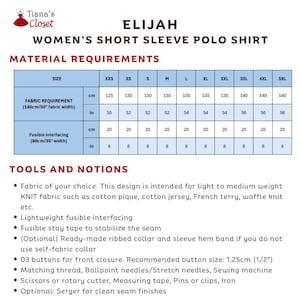 May include: A sewing pattern instruction sheet for the Elijah short sleeve polo shirt by Tiana's Closet. It includes a material requirements table with sizes XXS to 5XL, fabric and interfacing needs in inches, and a list of required tools and notions.