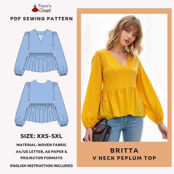 Britta V Neck Long Sleeve Peplum Blouse | Easy Digital Sewing Pattern for  Women | Printable PDF Sewing Pattern | Tiana's Closet Pattern - Etsy Canada