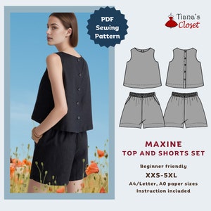 Conjunto de top y short Maxine - Patrón de costura en PDF / Fácil, rápido, para principiantes / A4/US Letter, A0, Patrón de costura para proyector / Talla XXS-5XL
