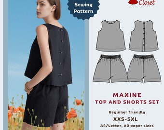 May include: A PDF sewing pattern for the Maxine top and shorts set by Tiana's Closet. The image displays a black sleeveless button-back top and matching shorts, alongside technical line drawings of the garments in sizes XXS-5XL for A4, Letter, and A0 paper.