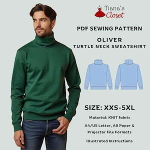 Padrão de costura PDF para moletom com gola alta Oliver | Padrão digital para homens | Top de malha unissex | Tamanho XXS-5XL | Padrão de projetor de letras A0 A4