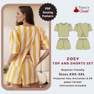 Zoey open back top and elastic waist shorts set - PDF sewing pattern | Simple pattern | Beginner friendly digital pattern | Tiana&#39;s Closet