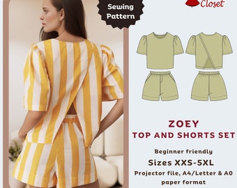 May include: A PDF sewing pattern for the Zoey top and shorts set by Tiana's Closet. The image displays a yellow and white striped top with puff sleeves and an open back, paired with matching striped shorts. Technical sketches show front and back views.
