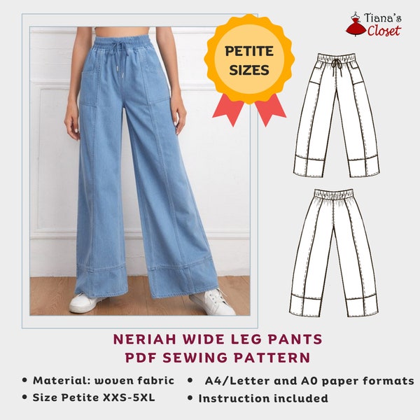 Petite size - Neriah elastic waist wide leg pants - PDF sewing pattern | Simple sewing pattern for women | Ladies' printable sewing pattern