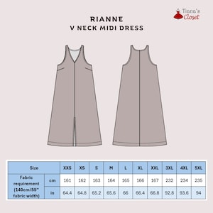 May include: A size chart for a V-neck midi dress pattern. The chart shows the fabric requirement in inches and centimeters for sizes XXS to 5XL.