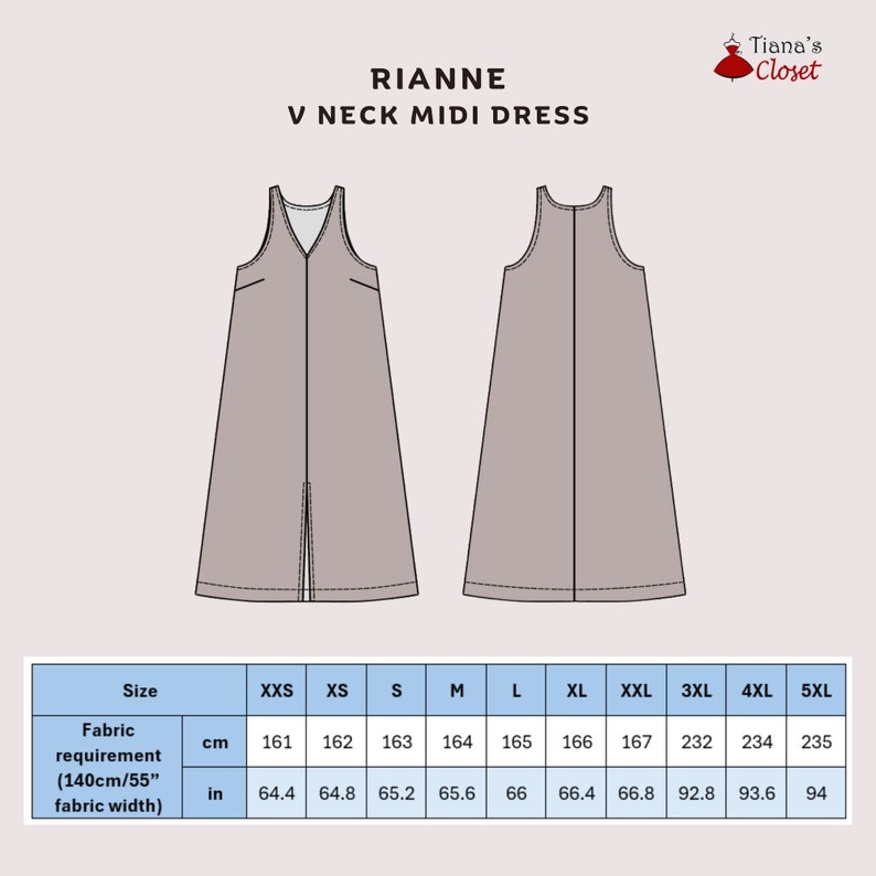 May include: A size chart for a V-neck midi dress pattern. The chart shows the fabric requirement in inches and centimeters for sizes XXS to 5XL.