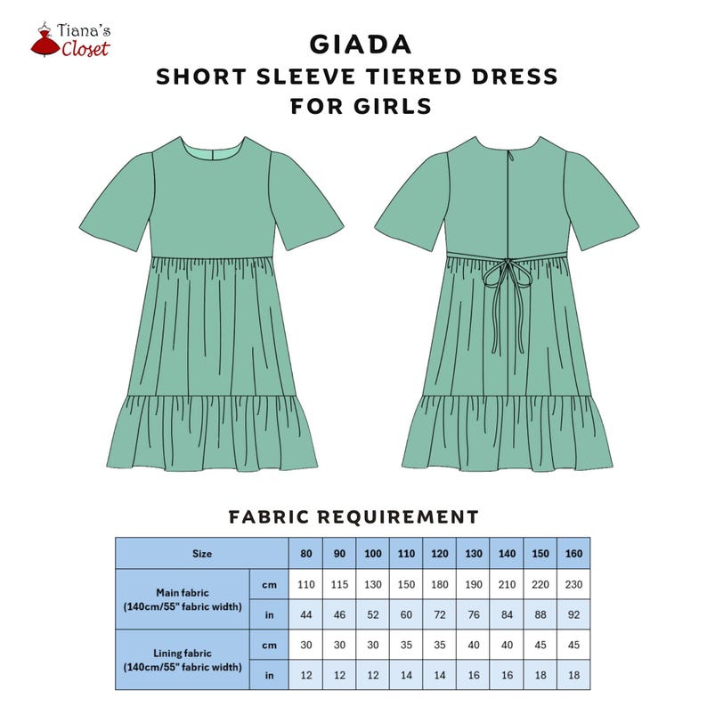 May include: A sewing pattern for a short-sleeved tiered dress for girls. The pattern includes instructions for sizes 80 to 160 cm. The dress is shown in a light green color.