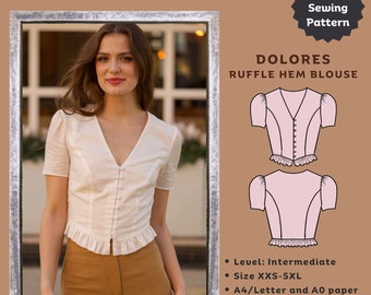 Dolores ruffle hem blouse | Digital sewing pattern for women | Printable PDF sewing pattern | Tiana's Closet | Vintage top sewing pattern