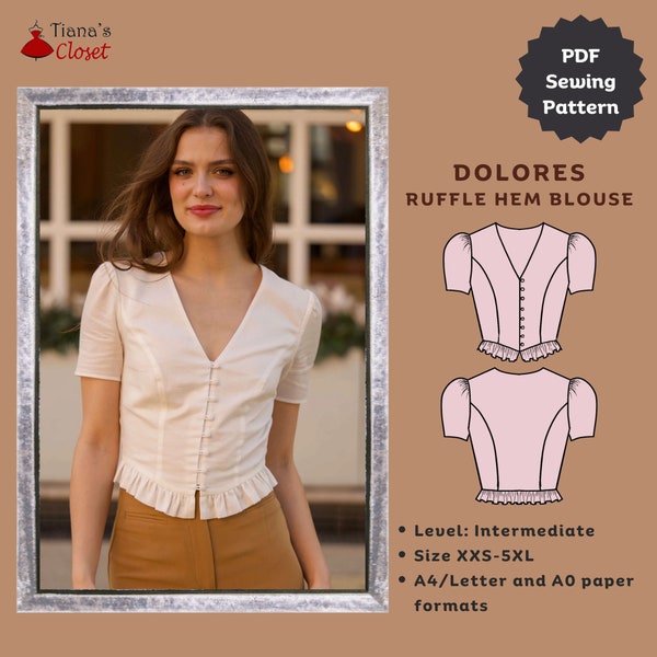 Dolores ruffle hem blouse | Digital sewing pattern for women | Printable PDF sewing pattern | Tiana's Closet | Vintage top sewing pattern