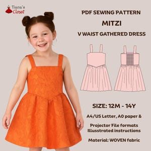 Mitzi V waist gathered dress PDF sewing pattern for kids | Digital dress pattern for girls | Size 12 months to 14 years | Basque waist dress