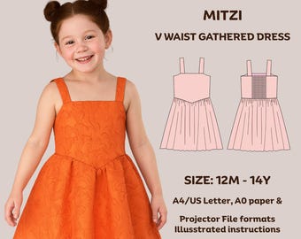 Patrón de costura para vestido Mitzi de cintura en V para niñas: Vestido vasco fruncido (descarga en PDF, tallas 12 meses a 14 años)