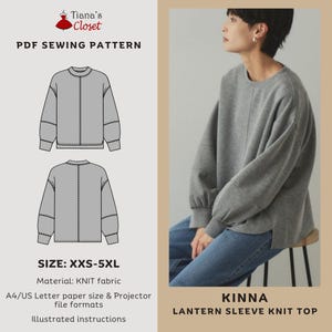 Patrón de costura de blusa con hombros caídos y mangas acampanadas Kinna / Diseño elegante y acogedor con cuello redondo / Tallas XXS a 5XL / A0, A4/Carta y PDF para proyector