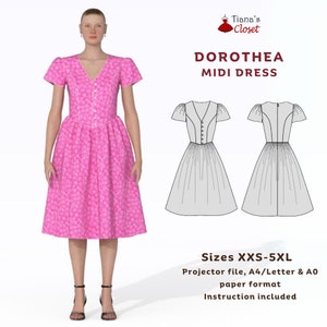 May include: A pink midi dress with a floral print and a V-neckline. The dress has short sleeves and a fitted bodice. The dress is shown on a model and also as a sewing pattern with instructions. Sizes XXS-5XL. Projector file, A4/Letter & A0 paper format included.