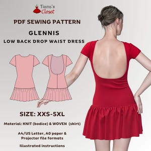 May include: PDF sewing pattern for a low back drop waist dress called "Glennis". The pattern includes instructions and is available in sizes XXS-5XL. The dress is made with knit fabric for the bodice and woven fabric for the skirt. The pattern is available in A4/US Letter, AO paper, and projector file formats.