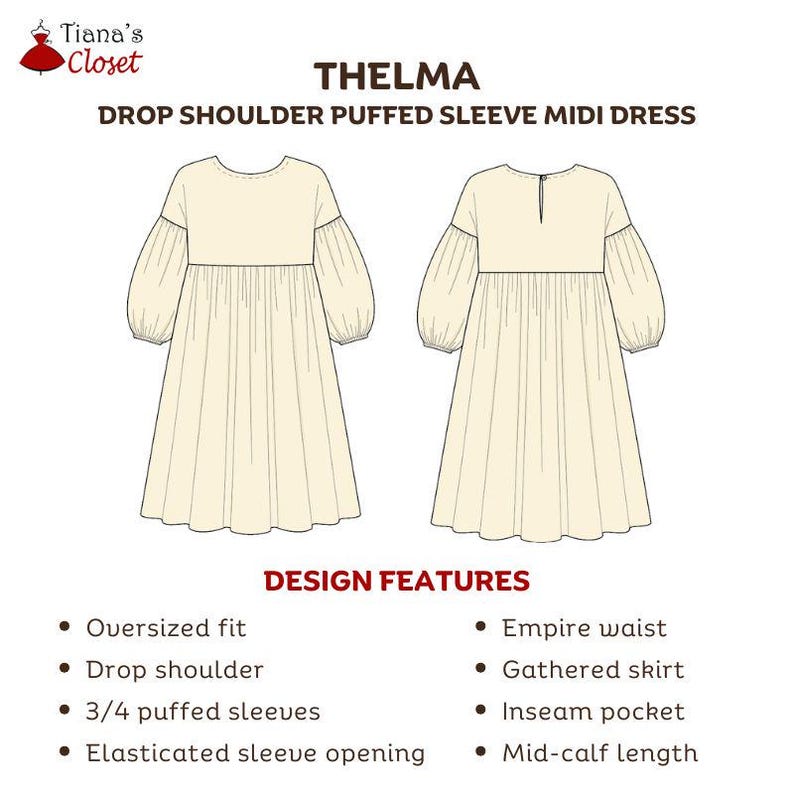 May include: A technical drawing of the Thelma drop shoulder puffed sleeve midi dress in cream. The front and back views show an oversized fit, empire waist, gathered skirt, and 3/4 puffed sleeves with elasticated openings and a back button closure.