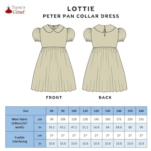 May include: A sewing pattern for a Peter Pan collar dress with puff sleeves. The pattern includes measurements for sizes 80 to 160 cm (31.5 to 63 inches).