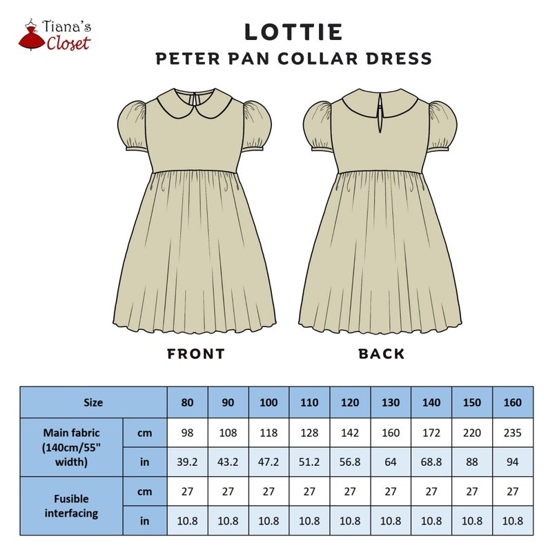 May include: A sewing pattern for a Peter Pan collar dress with puff sleeves. The pattern includes measurements for sizes 80 to 160 cm (31.5 to 63 inches).