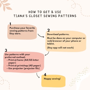 May include: A four-step guide on how to get and use sewing patterns from Etsy. The steps are: 1. Purchase your favorite sewing patterns from Etsy store. 2. Download patterns. Must be done on your computer or web browser of your phone or tablet. (Etsy app will not work). 3. Use patterns with your preferred method: Print at home (A4/US letter paper), Print at printshop (AO paper), Use projector (projector file). 4. Happy sewing!