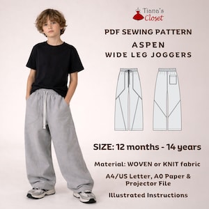 Può includere: Un ragazzo indossa una maglietta nera e pantaloni della tuta grigi a gamba larga. L'immagine include un modello di cucito PDF per pantaloni della tuta Aspen a gamba larga, taglie da 12 mesi a 14 anni. Il modello è per tessuto o maglia.