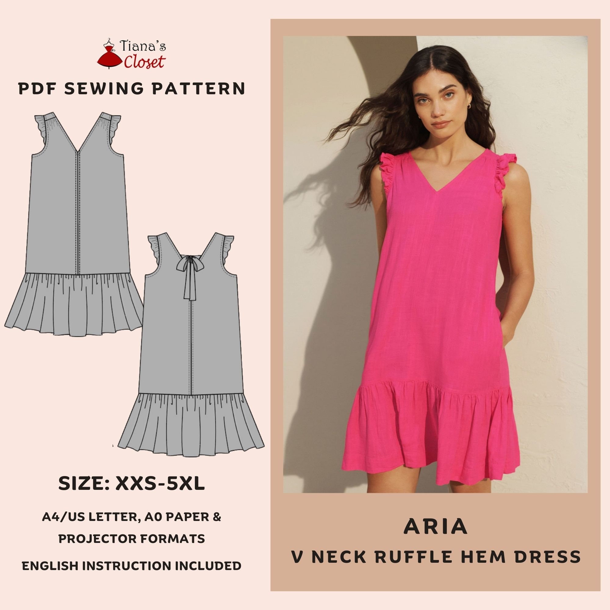 Aria Ruffle Hem Shift Dress Sewing Pattern (PDF) - Etsy