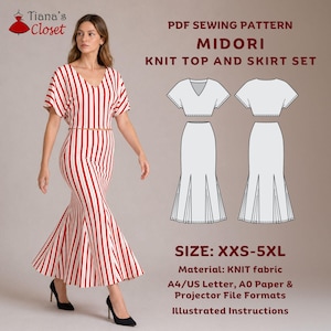May include: A woman models a red and white striped knit top and skirt set. The set includes a V-neck top and a mermaid-style skirt. The image also features a sewing pattern with the text "MIDORI KNIT TOP AND SKIRT SET" and size range XXS-5XL.