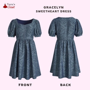 May include: A blue and white patterned dress with a sweetheart neckline and short puff sleeves. The dress has a fitted bodice and a flowy skirt. The dress is shown from the front and back.