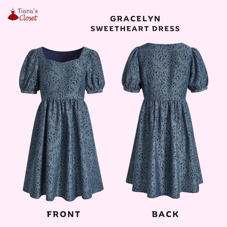 May include: A blue and white patterned dress with a sweetheart neckline and short puff sleeves. The dress has a fitted bodice and a flowy skirt. The dress is shown from the front and back.