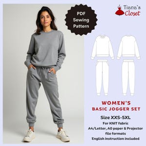 Basic women&#39;s sweatsuit set PDF sewing pattern | Digital pattern for women | Simple tracksuit sewing pattern | Beginner friendly jogger set