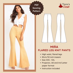 Puede incluir: Un patrón de costura PDF para pantalones de punto de pierna acampanada. El patrón incluye instrucciones y está disponible en tallas XXS a 5XL. Los pantalones tienen cintura alta y una entrepierna de 81 cm (32 pulgadas).