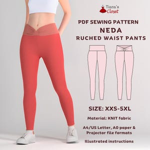 Neda ruched front leggings PDF sewing pattern | High waist leggings | Yoga pants | Sizes XXS-5XL | Projector file, A0, A4/US Letter format