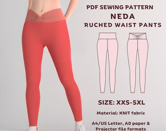 Neda Ruched Front Leggings Sewing Pattern: High Waist Yoga Pants (PDF Download, Sizes XXS-5XL)