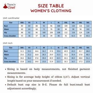 May include: Size chart for women's clothing with measurements in inches and centimetres. The chart includes sizes from XXS to 5XL and measurements for bust, waist, hip, and cross shoulder.