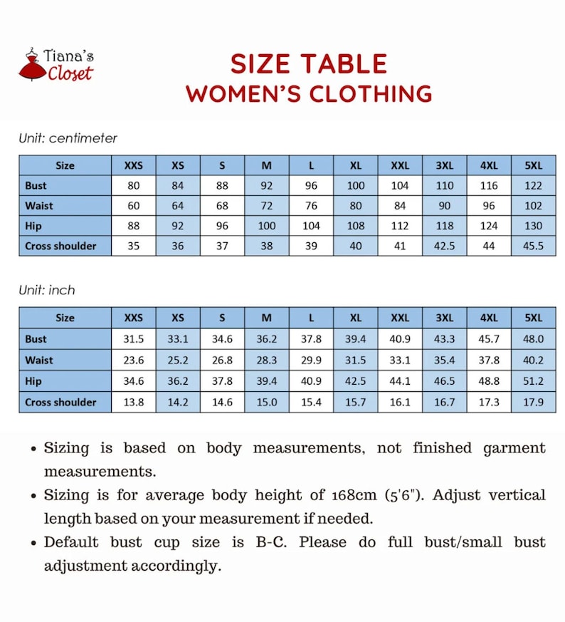 May include: Size chart for women's clothing with measurements in inches and centimetres. The chart includes sizes from XXS to 5XL and measurements for bust, waist, hip, and cross shoulder.