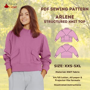 May include: PDF sewing pattern for a structured knit top called "Arlene". The pattern includes instructions and is available in sizes XXS-5XL. The pattern is for knit fabric and can be printed on A4/US Letter, A0 paper, or projector file formats.