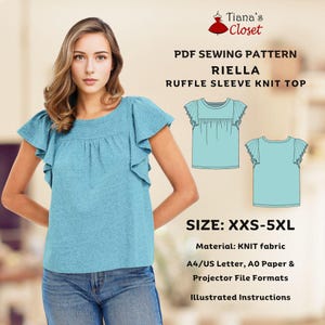 May include: PDF sewing pattern for a knit top with ruffle sleeves. The pattern is called "Riella" and is available in sizes XXS-5XL. The pattern is for knit fabric and includes instructions for cutting and sewing the top. The pattern is available in A4/US Letter, A0 Paper, and Projector File formats.